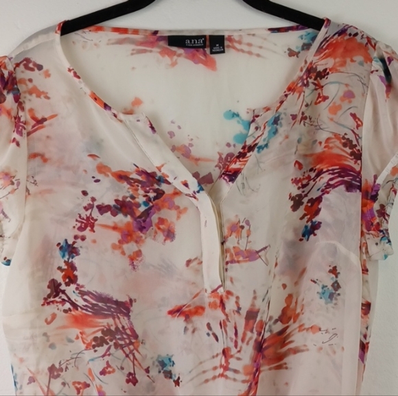 a.n.a. Sheer White Floral Drawstring-Waist Dainty Romantic Cap Sleeve Blouse (M) - Picture 2 of 11